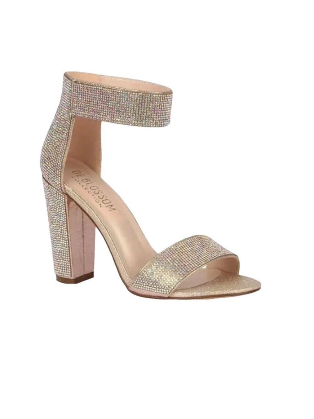 DeBlossom Celina-16 Open Toe Rhinestone Ankle Strap 4” Block Heel Shoe-Size 10